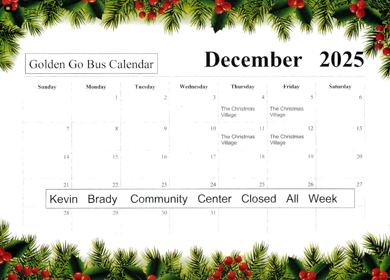 Dec 2025 Bus Calendar